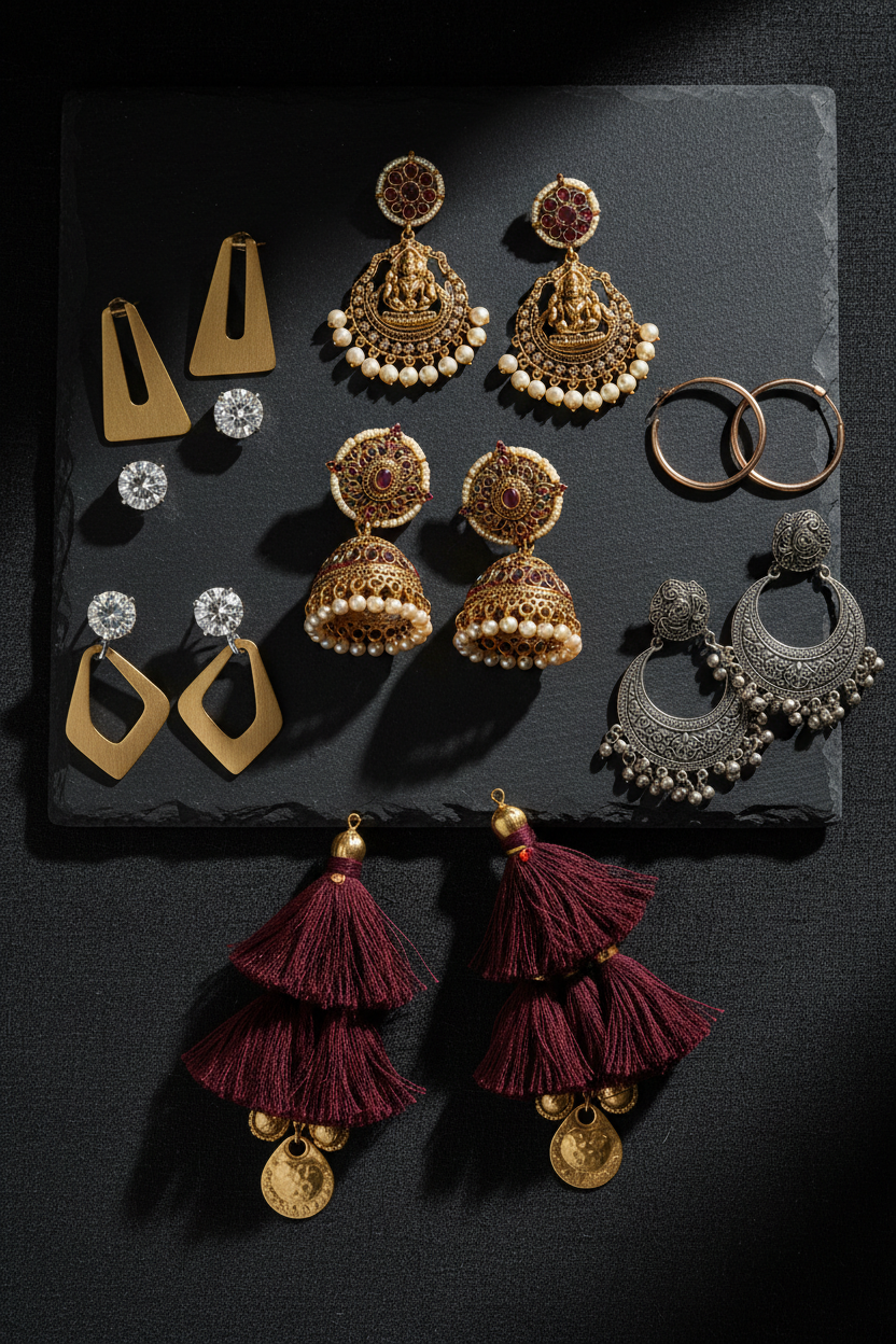 VIYARAA Shop All Earrings Collection featuring jhumkas, studs, hoops, oxidized earrings, statement styles, drop earrings and elegant fashion jewellery.