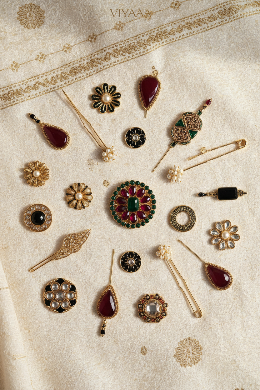 VIYARAA Saree Pins & Bindis Collection featuring elegant ethnic accessories for sarees, weddings, festivals, and traditional wear