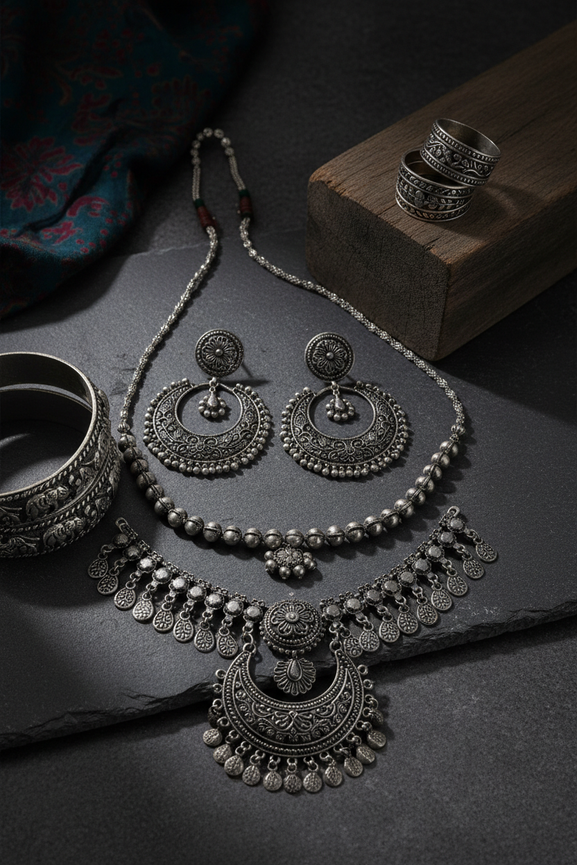 The Oxidized Edit by VIYARAA featuring stylish oxidized jewellery including earrings, necklaces, rings, and bangles for ethnic and everyday wear