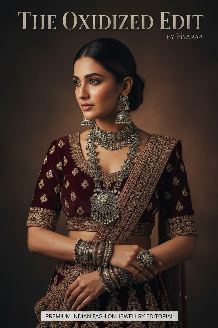 VIYARAA The Oxidized Edit featuring oxidized earrings, jhumkas, necklaces, rings and boho-inspired ethnic jewellery with antique silver finishes.