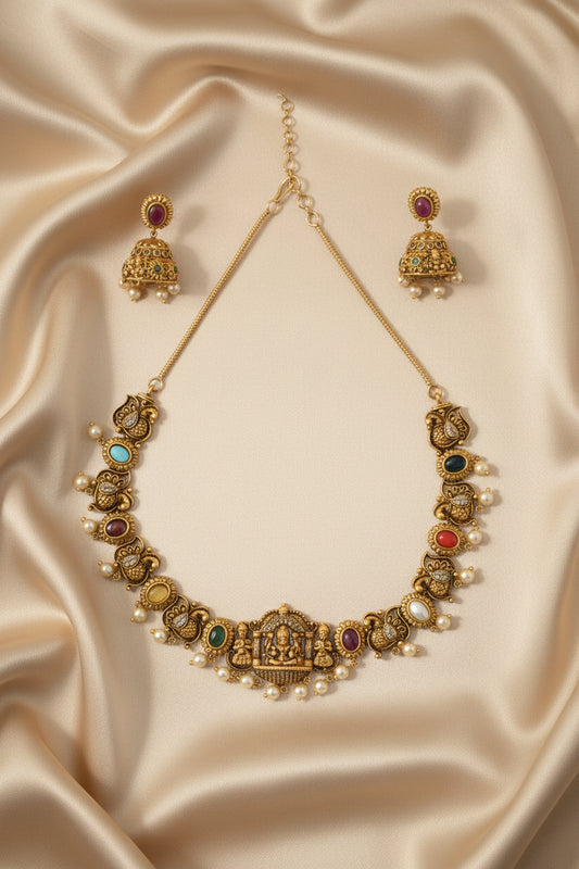 Viyaraa Antique Navaratna Temple Necklace Set VIYARAA