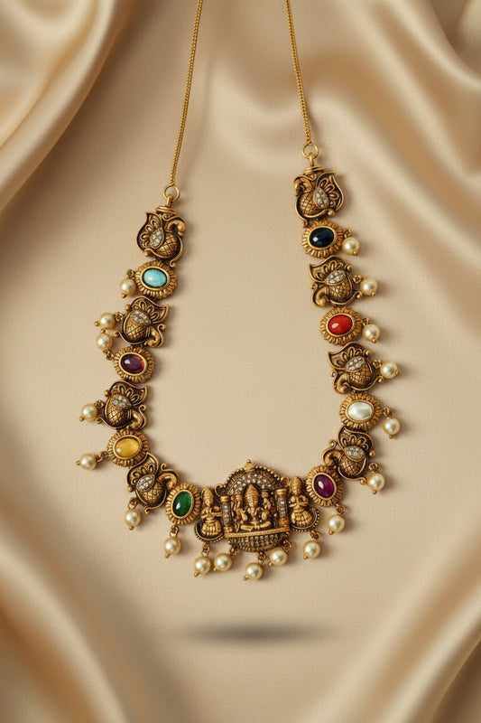 Viyaraa Antique Navaratna Temple Necklace Set VIYARAA