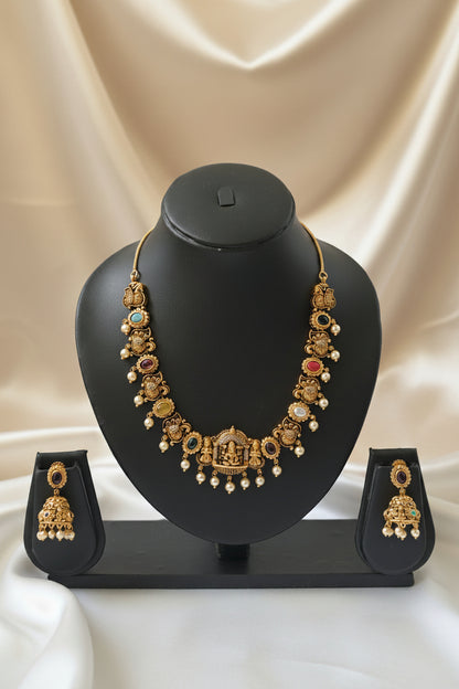 Viyaraa Antique Navaratna Temple Necklace Set VIYARAA