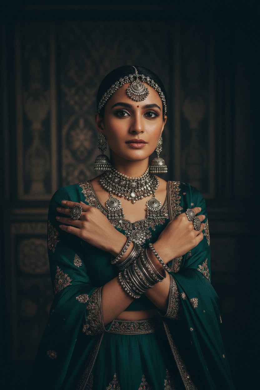 Woman in traditional attire with oxidized silver jewelry against a dark background